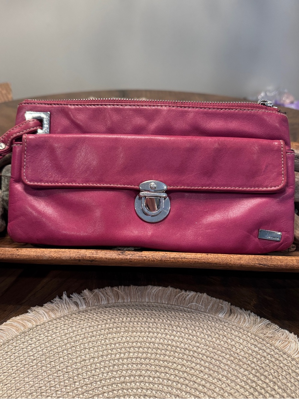 Perlina Pink Leather Wristlet Clutch with Silver Hardware